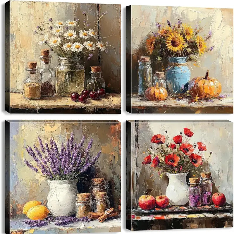 4pcs Floral & Still Life Prints Wall Art Canvas Framed