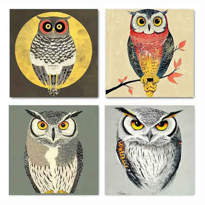 4pcs Abstract Owl Whimsical Wall Art Canvas Framed
