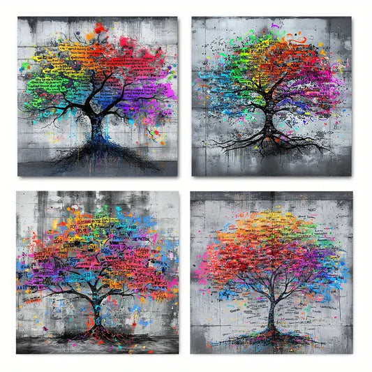 4pcs  Colorful Graffiti Tree Paintings GH    Wall Art Canvas Framed