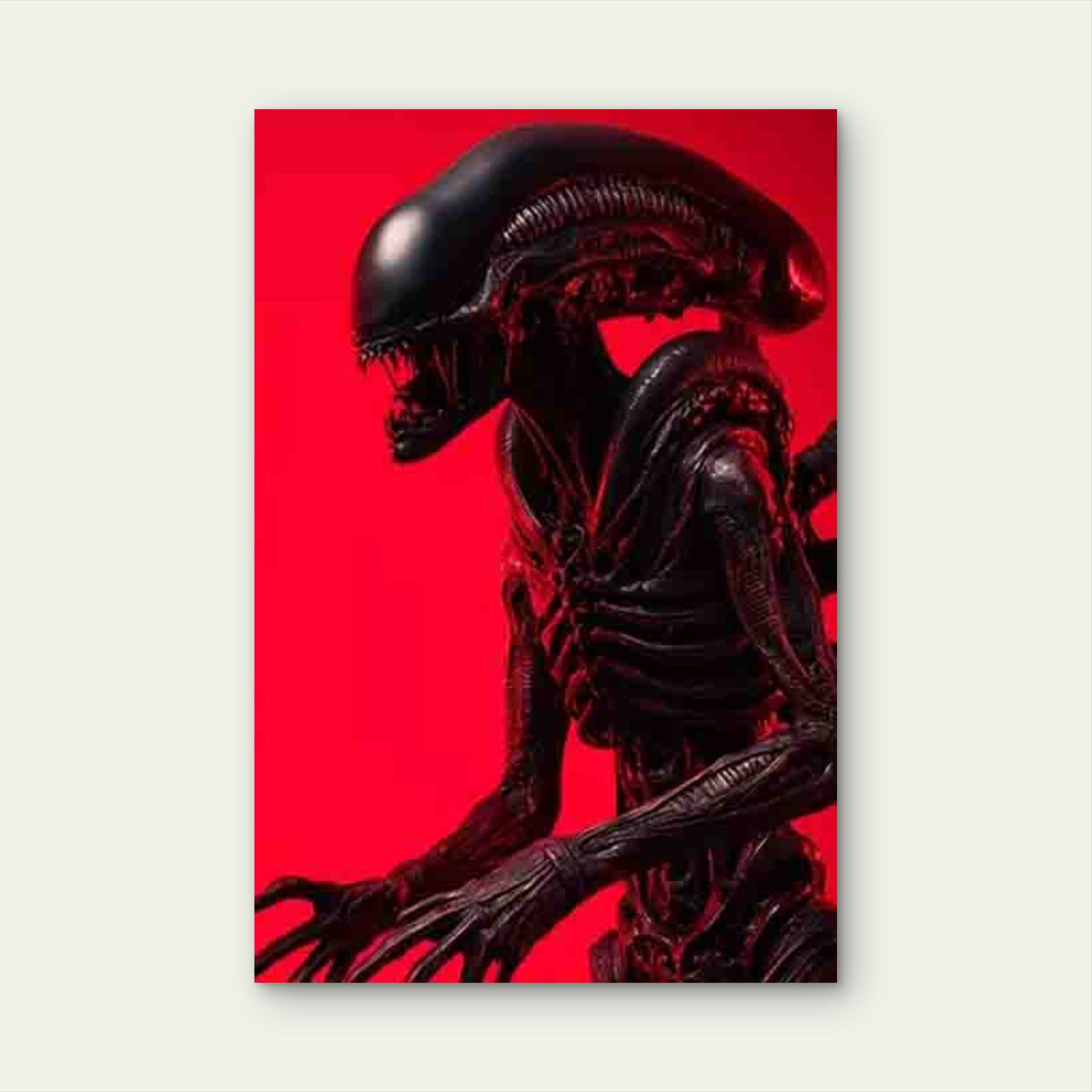 Alien Creature in Vibrant Red Background Metal Print Ready to Hang