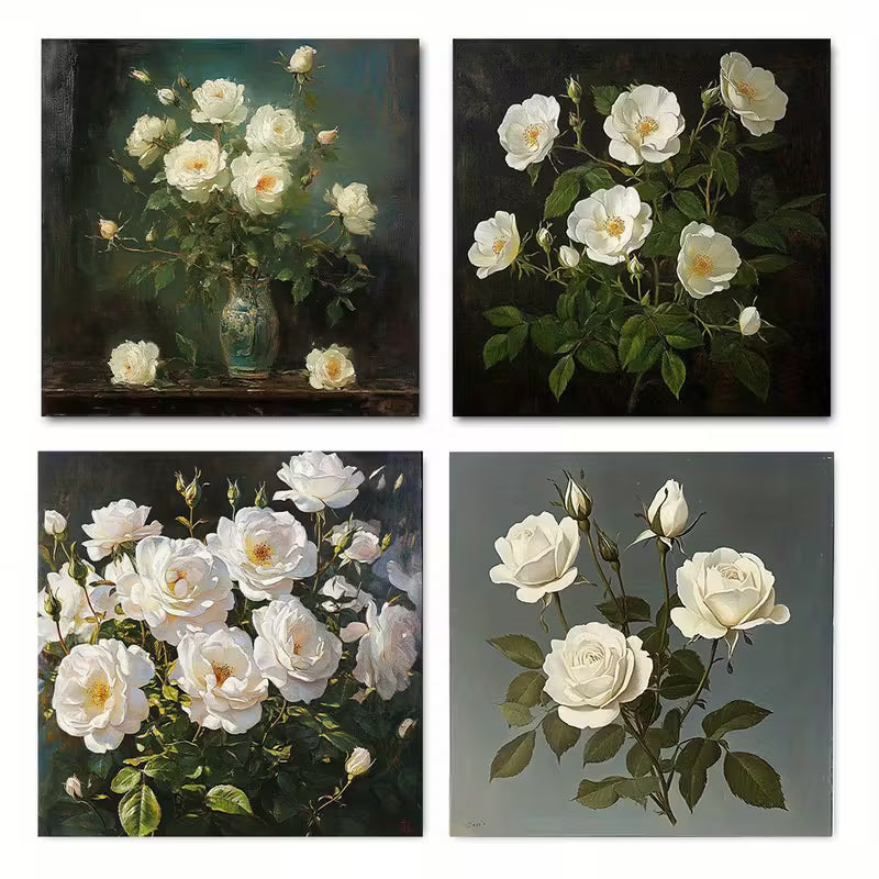 4pcs Vintage White Roses Floral Wall Art Canvas Framed