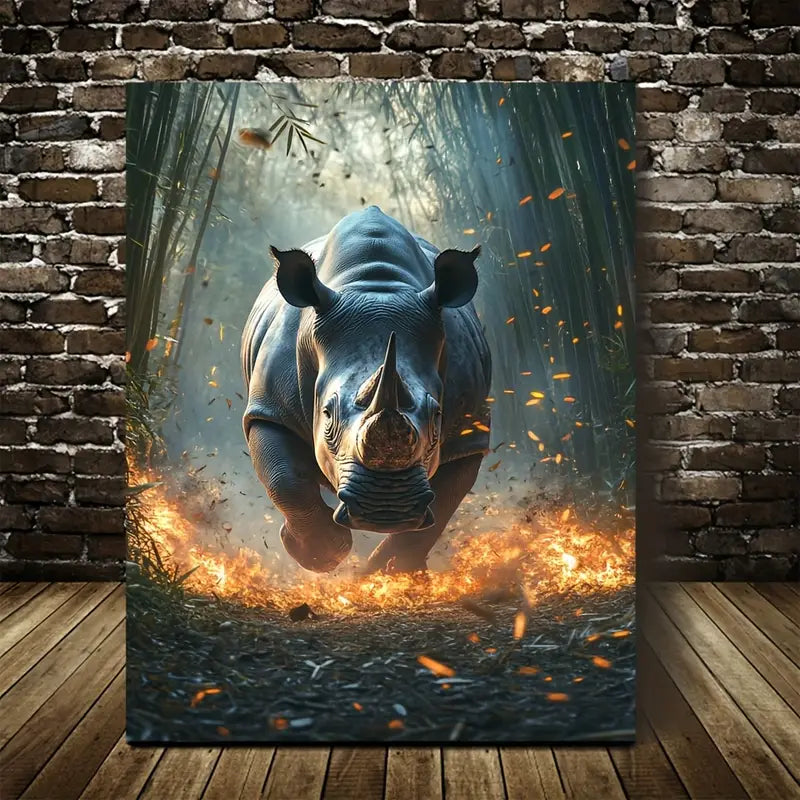 Dreamlike Rhino in Bamboo Grove with Glowing 40x60cm Metal Print Ready to Hang