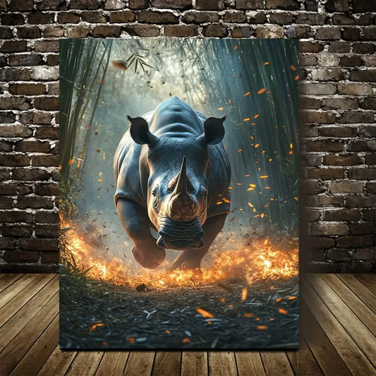 Dreamlike Rhino in Bamboo Grove with Glowing 40x60cm Metal Print Ready to Hang
