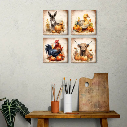 4pcs Donkey, Rooster, Duck, And Cow Wall Art Canvas Framed