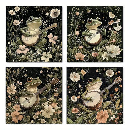 4pcs  Green Music Flower Frog Themed Wall Art Canvas Framed