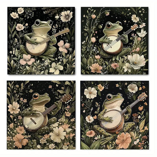 4pcs  Green Music Flower Frog Themed Wall Art Canvas Framed