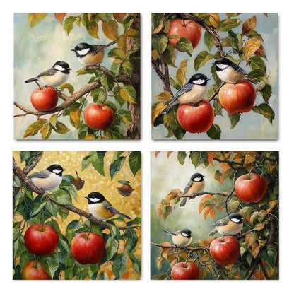 4pcs Apple Harvest Chickadees & Flowers Wall Art Canvas Framed