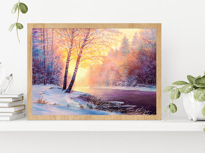 Winter Forest & A River Covered In Snow At Sunset Glass Framed Wall Art, Ready to Hang Quality Print Without White Border Oak