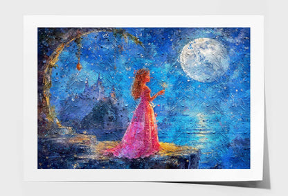 Princess Girl Looks At Moon And Makes Wish In Night Wall Art Limited Edition High Quality Print