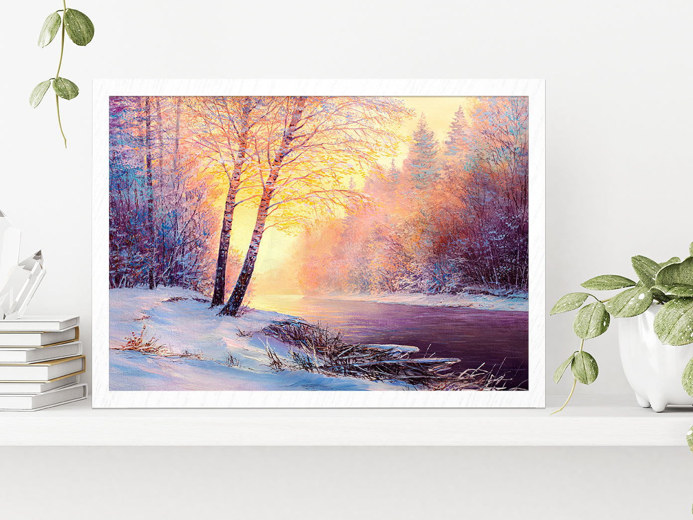 Winter Forest & A River Covered In Snow At Sunset Glass Framed Wall Art, Ready to Hang Quality Print Without White Border White