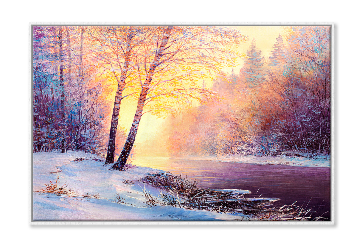 Winter Forest & A River Covered In Snow At Sunset Oil Painting Wall Art Limited Edition High Quality Print Canvas Box Framed White