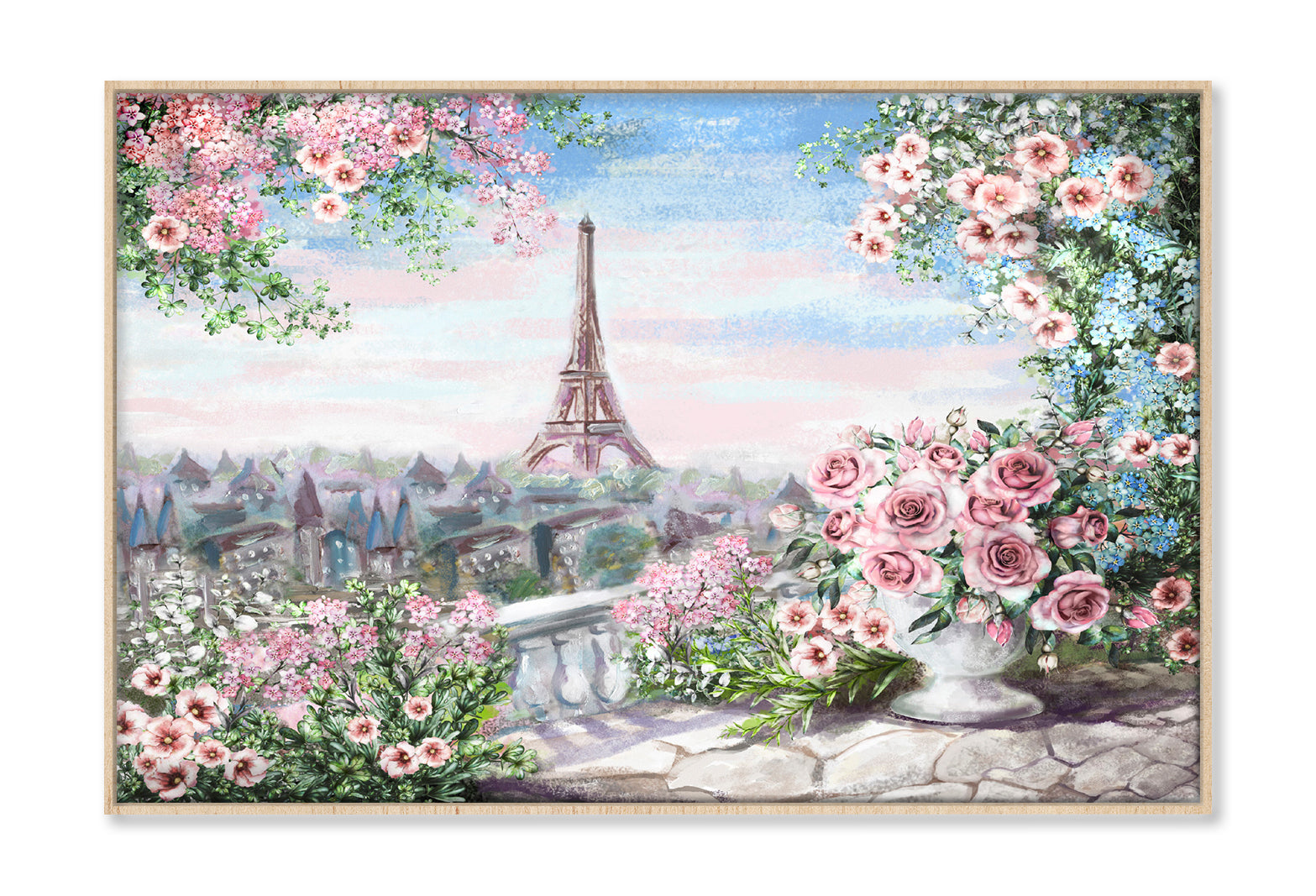 Eiffel Tower View from Roses with Leaves Balcony Painting Wall Art Limited Edition High Quality Print Canvas Box Framed Natural