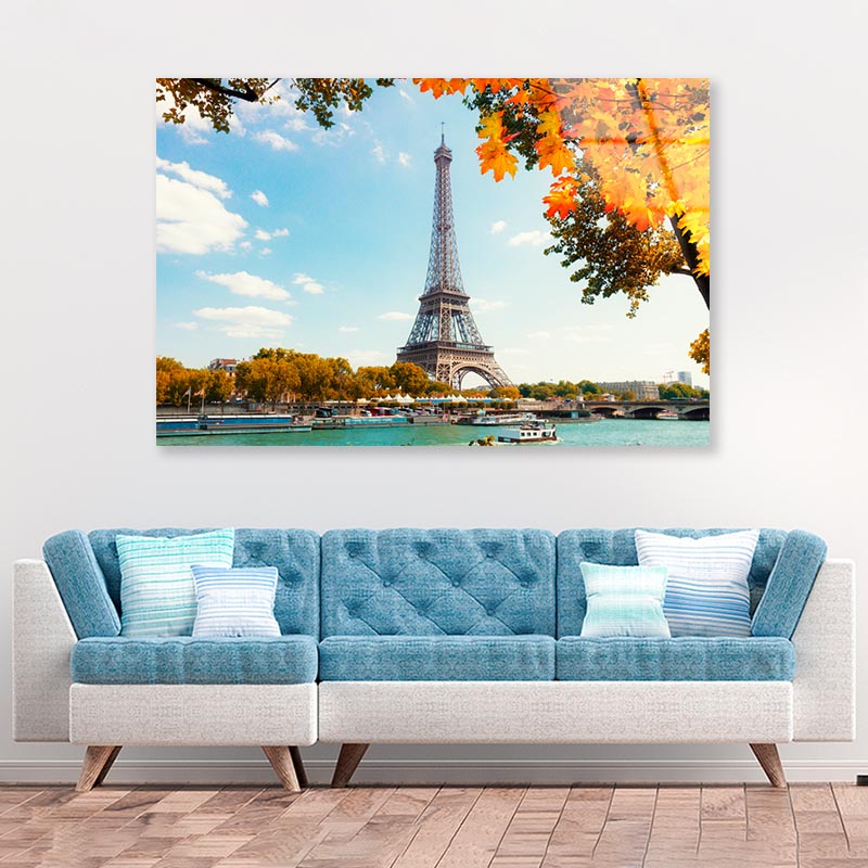 Boat Is in The Water Near the Eiffel Tower Acrylic Glass Print Tempered Glass Wall Art 100% Made in Australia Ready to Hang