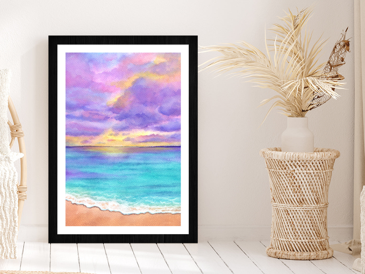 Purple Sunset & Blue Beach Illustration Glass Framed Wall Art, Ready to Hang Quality Print With White Border Black