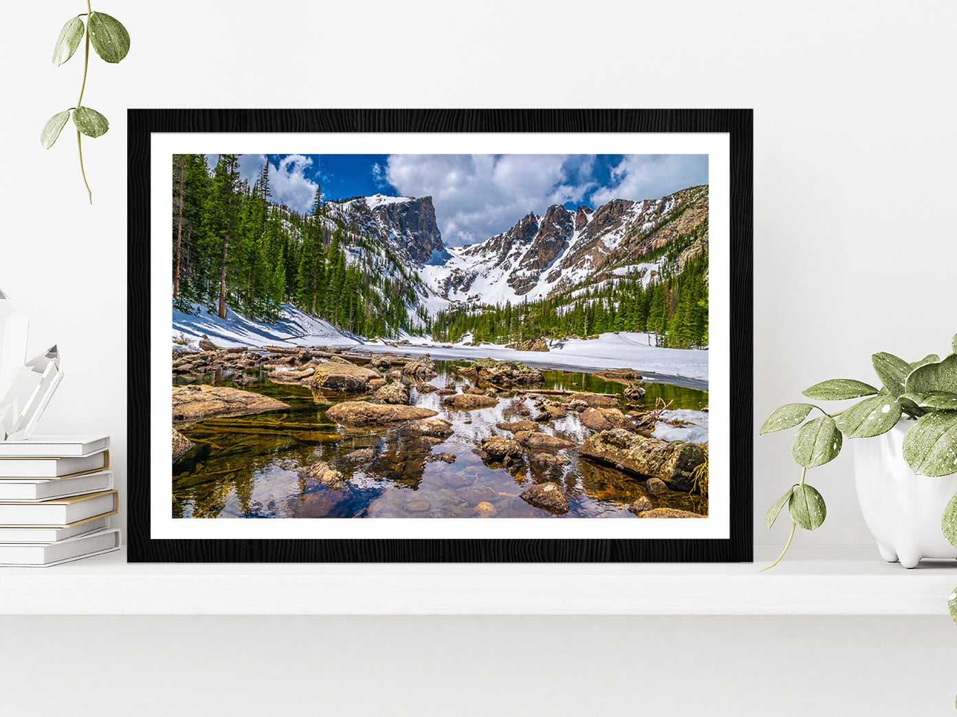 Hike To Dream Lake In Mountain Glass Framed Wall Art, Ready to Hang Quality Print With White Border Black