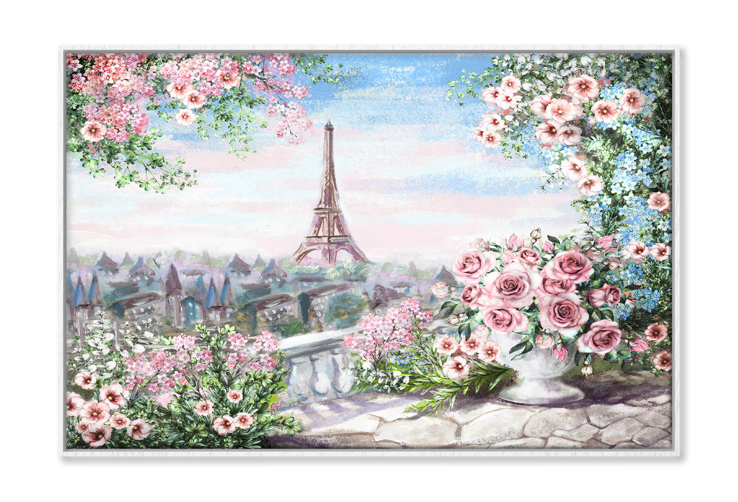 Eiffel Tower View from Roses with Leaves Balcony Painting Wall Art Limited Edition High Quality Print Canvas Box Framed White