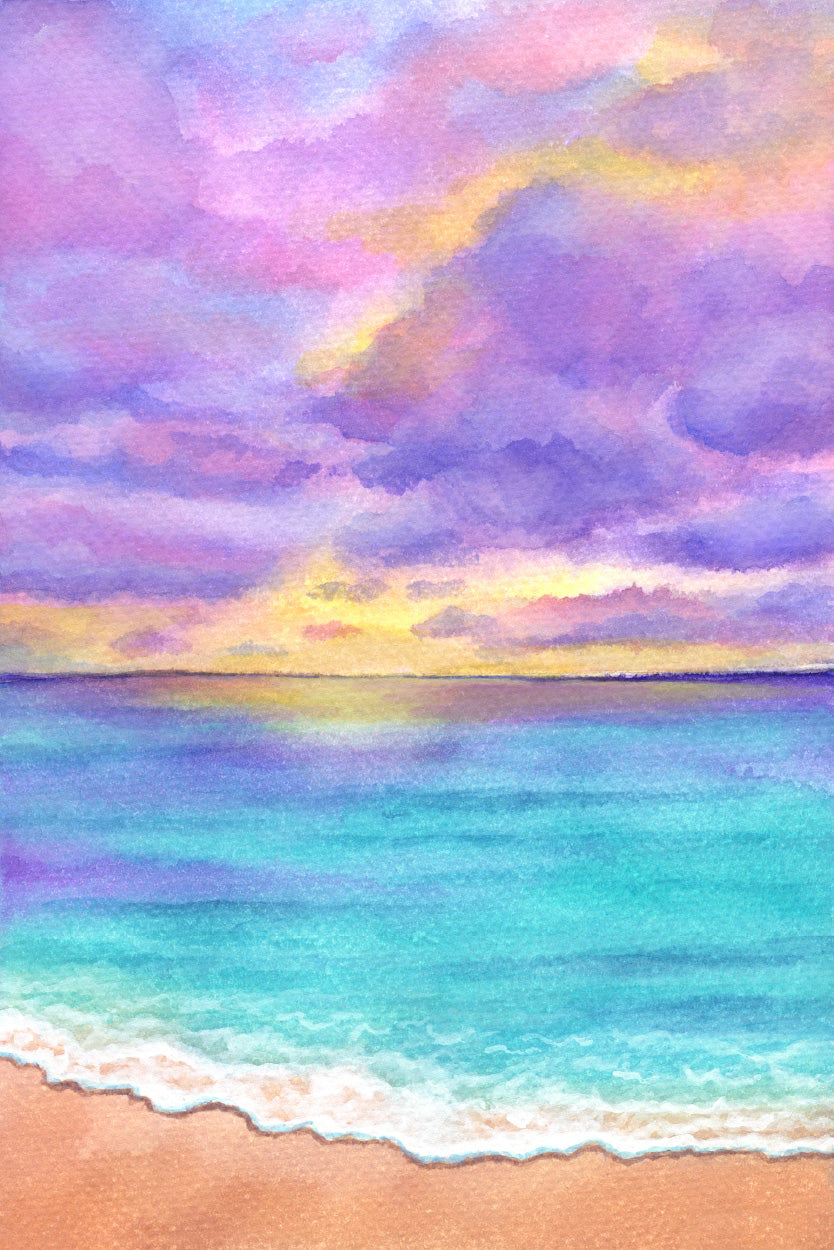 Purple Sunset & Blue Beach Illustration Glass Framed Wall Art, Ready to Hang Quality Print