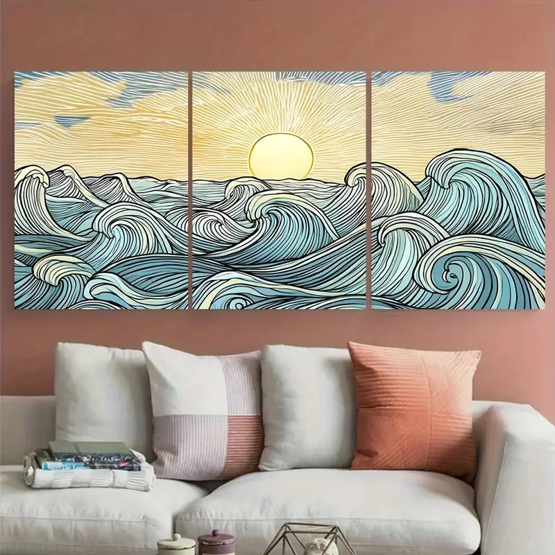 3pcs Japanese Ocean Wave Sunrise Blue Metal Print Ready to Hang Art