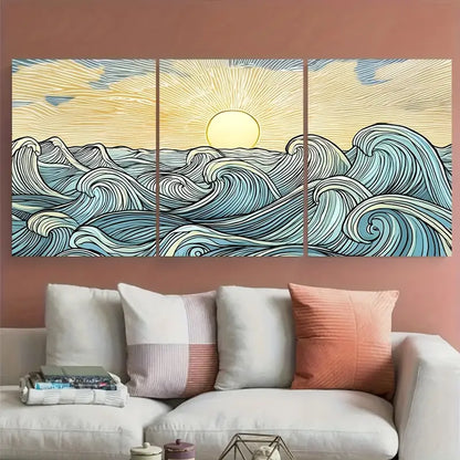 3pcs Japanese Ocean Wave Sunrise Blue Metal Print Ready to Hang Art