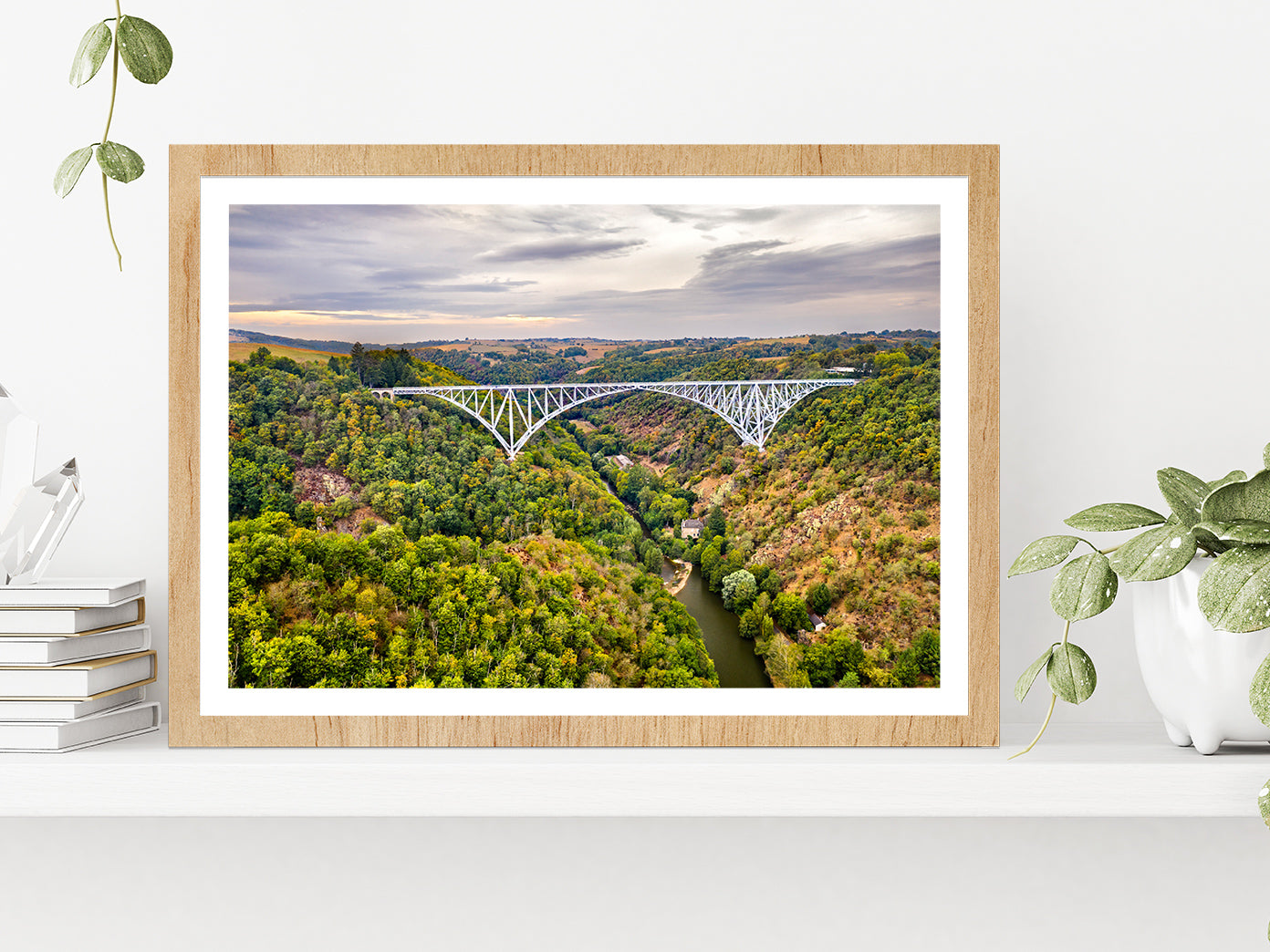 A Railway Bridge In Aveyron Glass Framed Wall Art, Ready to Hang Quality Print With White Border Oak