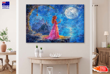 Princess Girl Looks At Moon And Makes Wish In Night Wall Art Limited Edition High Quality Print