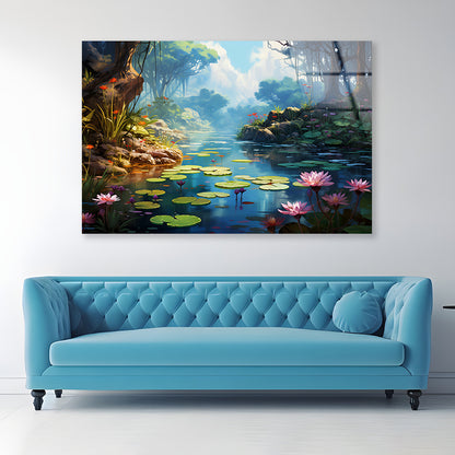 View of Pond with Lily Pads Acrylic Glass Print Tempered Glass Wall Art 100% Made in Australia Ready to Hang