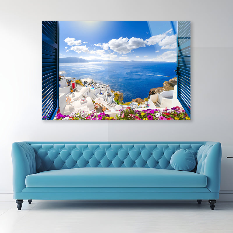 Coast of Santorini with Blue Sea Acrylic Glass Print Tempered Glass Wall Art 100% Made in Australia Ready to Hang