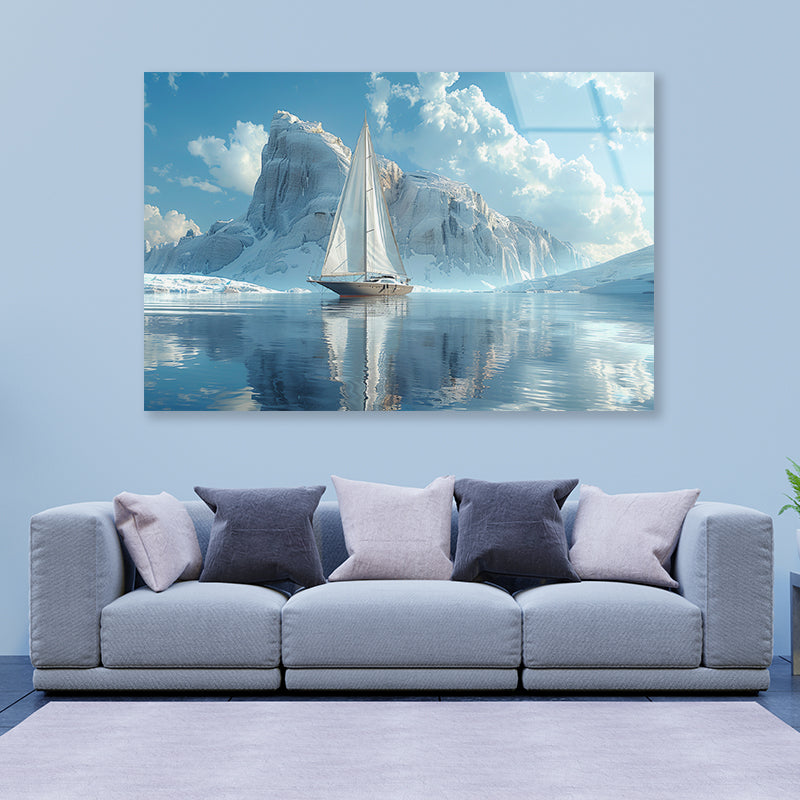 Sailing Boat on the Sea with Mountains View Acrylic Glass Print Tempered Glass Wall Art 100% Made in Australia Ready to Hang