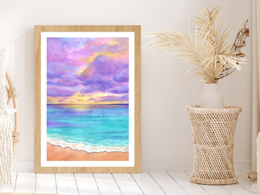 Purple Sunset & Blue Beach Illustration Glass Framed Wall Art, Ready to Hang Quality Print With White Border Oak