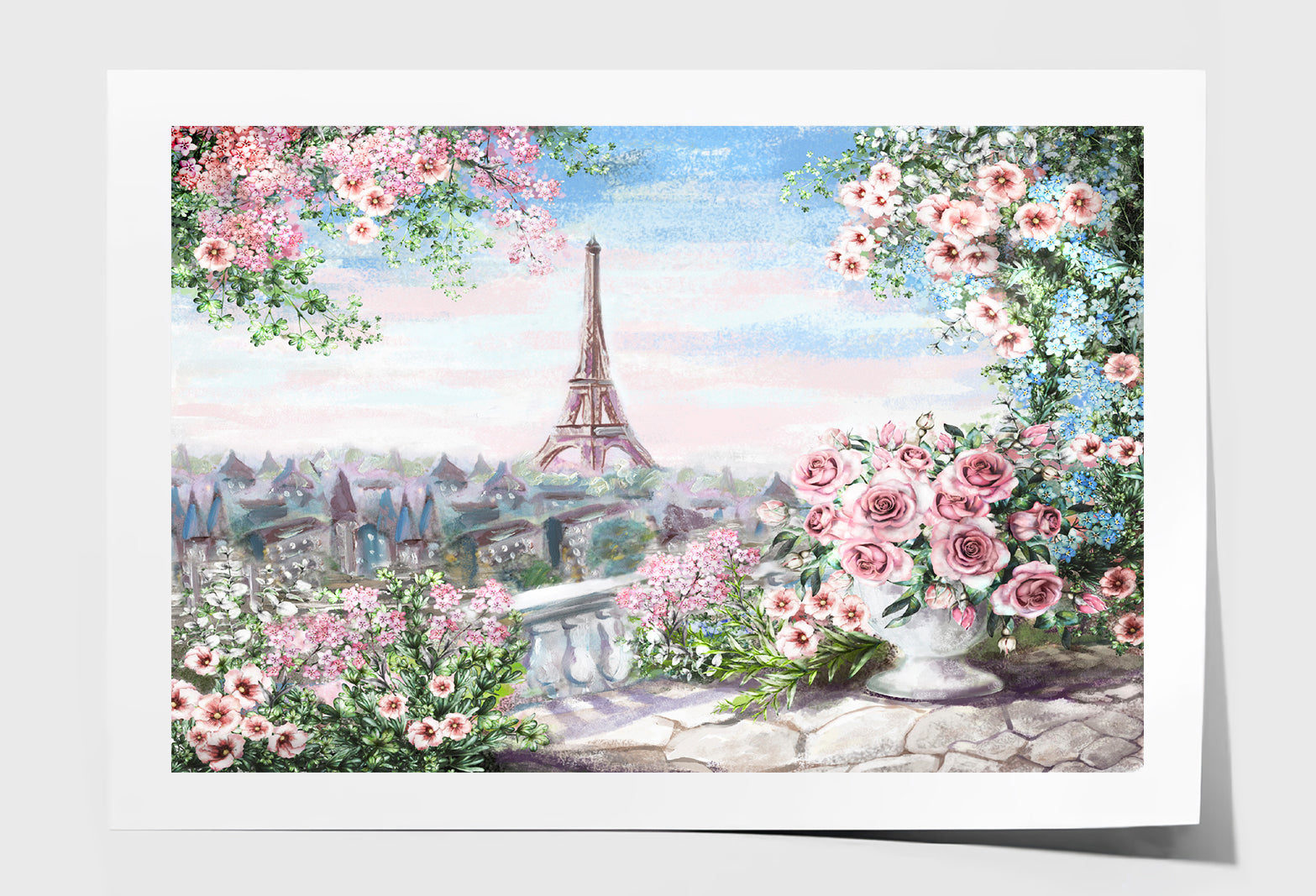 Eiffel Tower View from Roses with Leaves Balcony Painting Wall Art Limited Edition High Quality Print Unframed Roll Canvas None