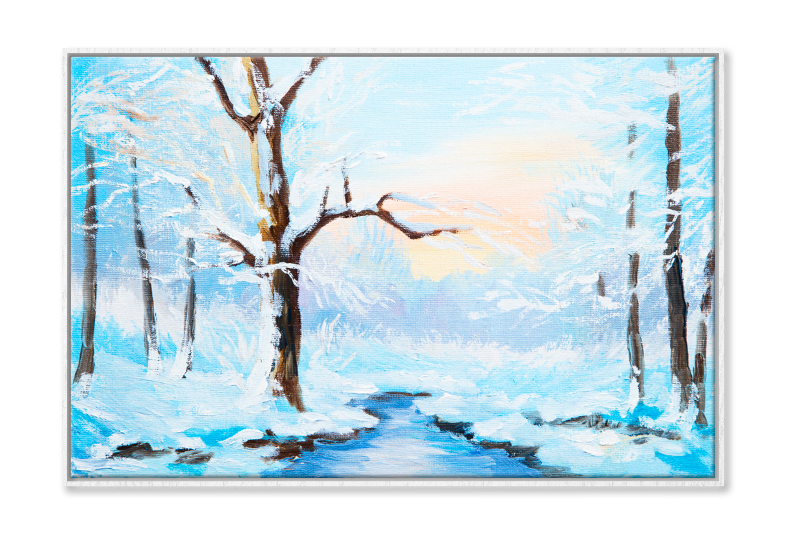 Frozen River In The Forest Oil Painting Limited Edition High Quality Print Canvas Box Framed White