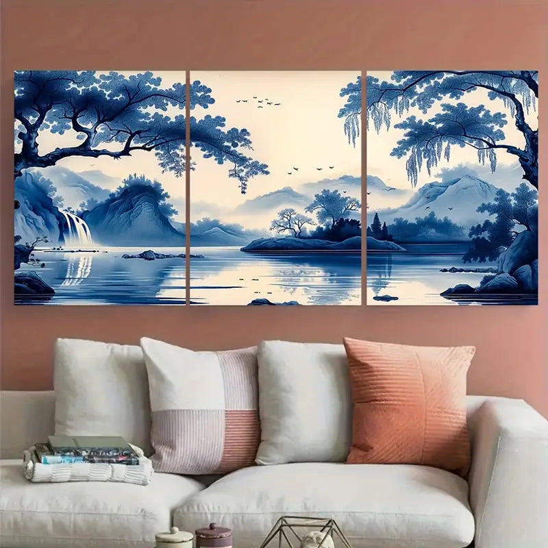 3pcs Elegant Blue & Beige Willow Tree Metal Print Ready to Hang Art