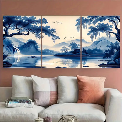 3pcs Elegant Blue & Beige Willow Tree Metal Print Ready to Hang Art