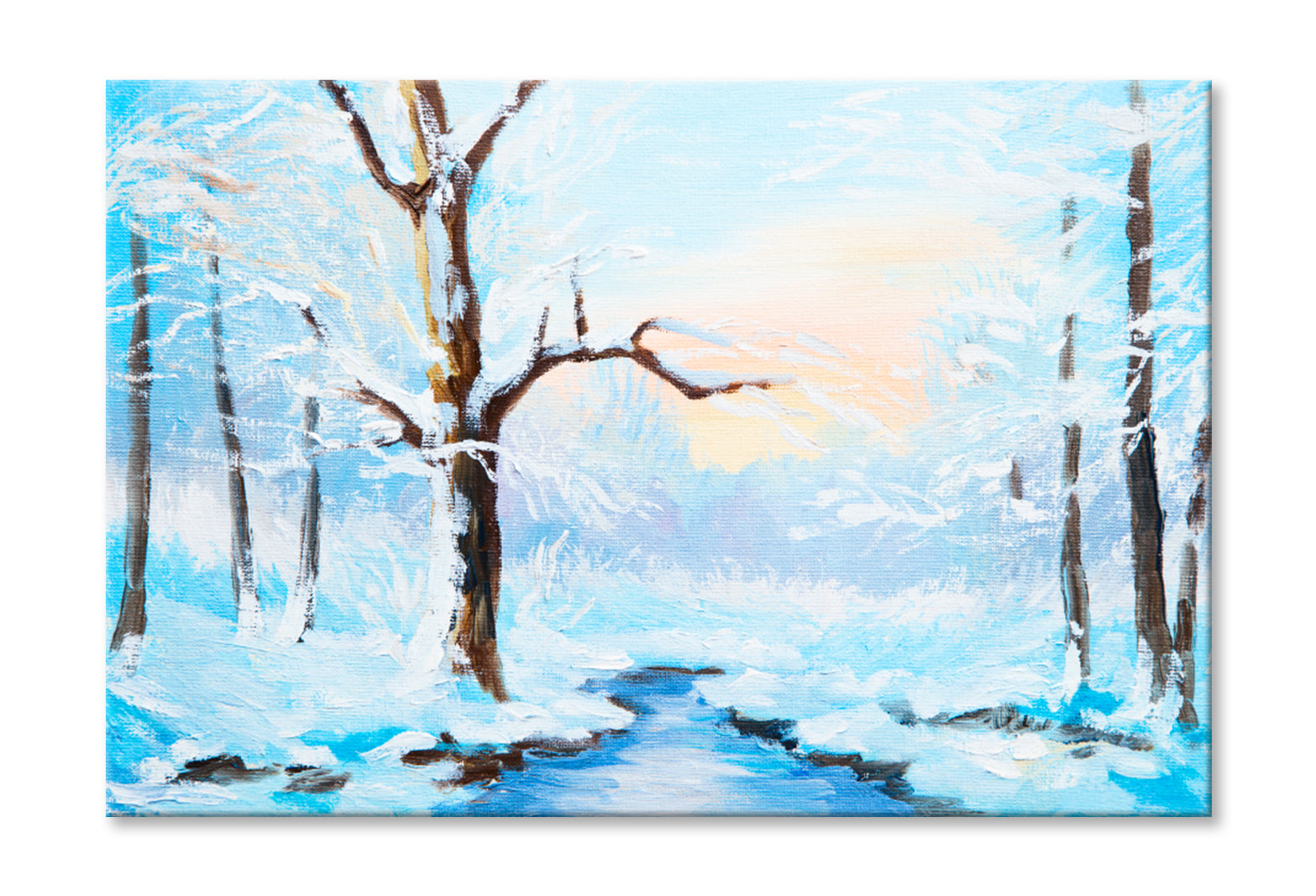 Frozen River In The Forest Oil Painting Limited Edition High Quality Print Stretched Canvas None