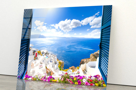 Coast of Santorini with Blue Sea Acrylic Glass Print Tempered Glass Wall Art 100% Made in Australia Ready to Hang