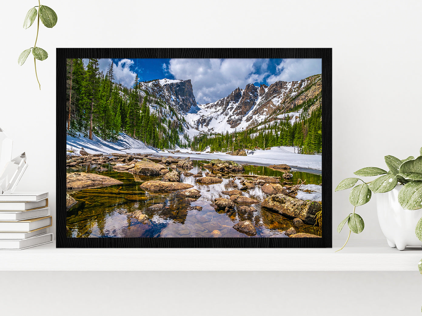 Hike To Dream Lake In Mountain Glass Framed Wall Art, Ready to Hang Quality Print Without White Border Black