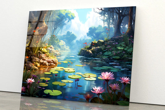 View of Pond with Lily Pads Acrylic Glass Print Tempered Glass Wall Art 100% Made in Australia Ready to Hang