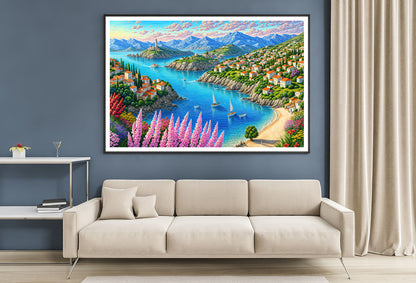 Painting Of a Town with a Lake, Trees, Mountains, and Flowers Home Decor Premium Quality Poster Print Choose Your Sizes