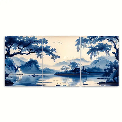 3pcs Elegant Blue & Beige Willow Tree Metal Print Ready to Hang Art
