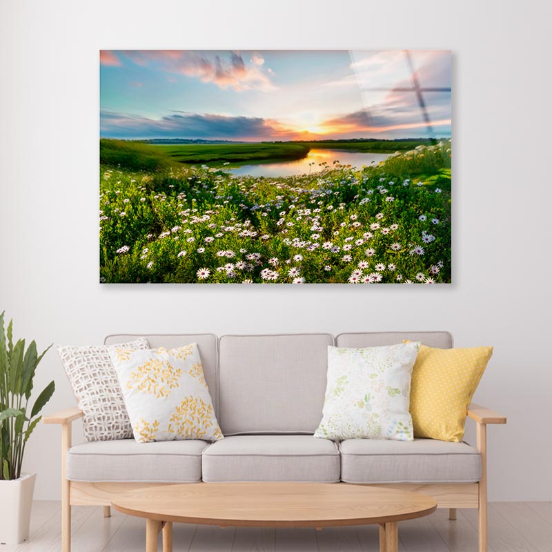 Summer Spring Natural With Lake & Wildflowers at Sunset Acrylic Glass Print Tempered Glass Wall Art 100% Made in Australia Ready to Hang