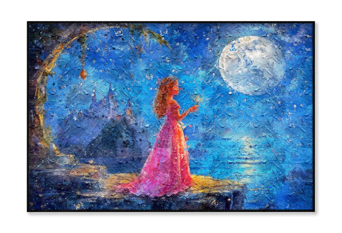 Princess Girl Looks At Moon And Makes Wish In Night Wall Art Limited Edition High Quality Print