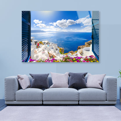 Coast of Santorini with Blue Sea Acrylic Glass Print Tempered Glass Wall Art 100% Made in Australia Ready to Hang