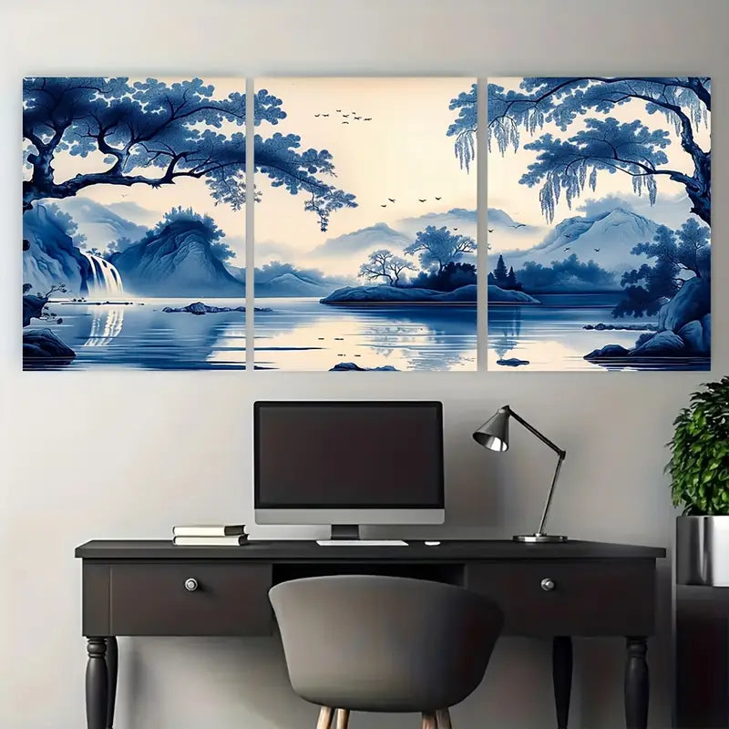 3pcs Elegant Blue & Beige Willow Tree Metal Print Ready to Hang Art