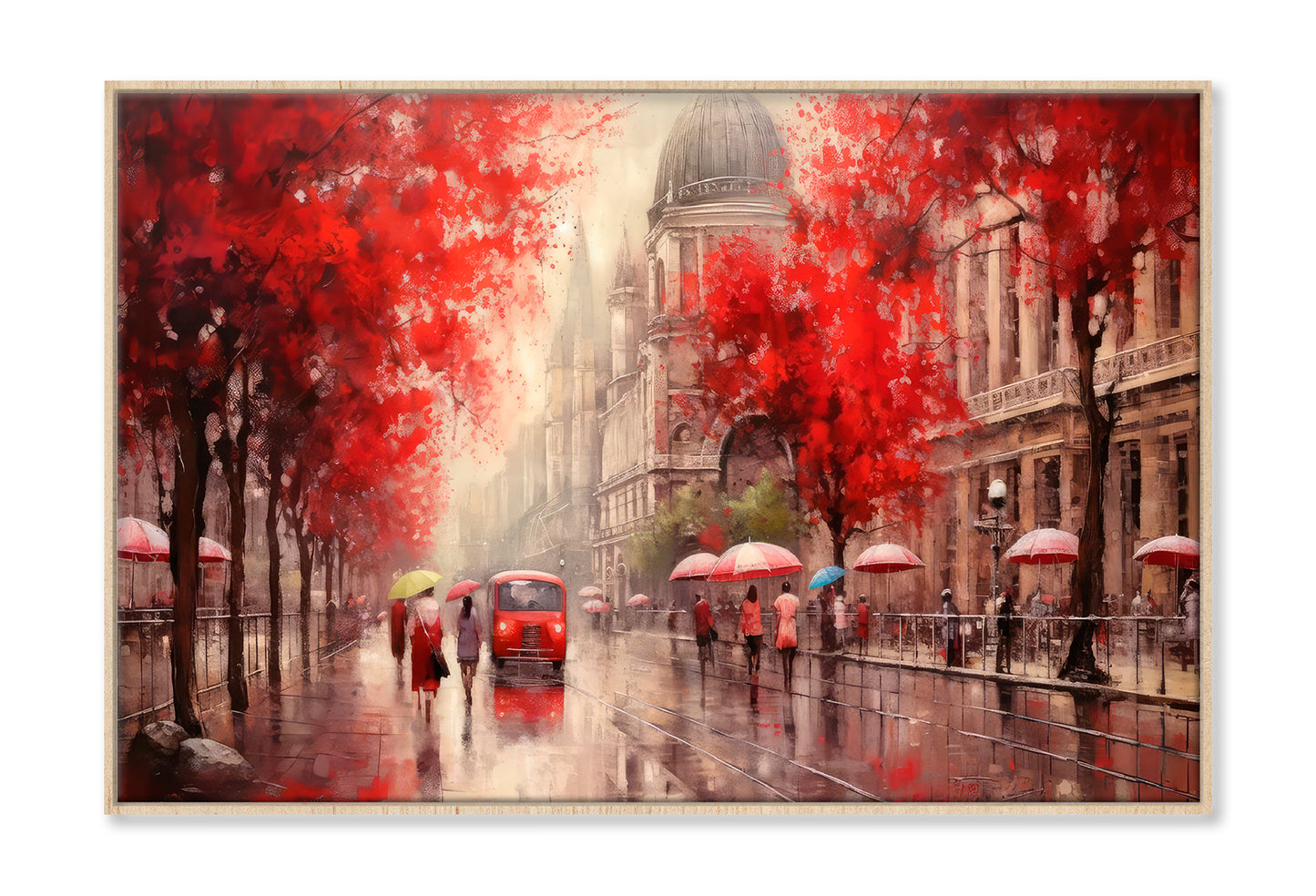 Street View Of Budapest, People Under A Red Umbrella & Tree, Night & Moon Oil Painting Wall Art Limited Edition High Quality Print Canvas Box Framed Natural