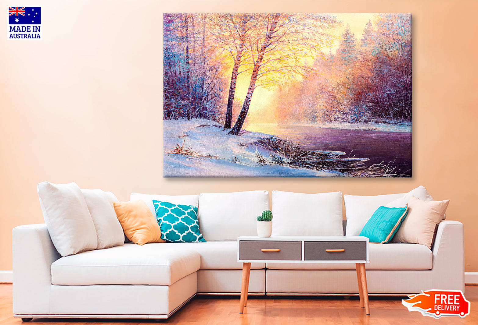 Winter Forest & A River Covered In Snow At Sunset Oil Painting Wall Art Limited Edition High Quality Print