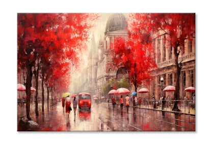 Street View Of Budapest, People Under A Red Umbrella & Tree, Night & Moon Oil Painting Wall Art Limited Edition High Quality Print Stretched Canvas None