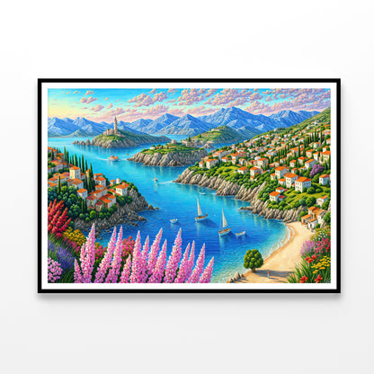 Painting Of a Town with a Lake, Trees, Mountains, and Flowers Home Decor Premium Quality Poster Print Choose Your Sizes