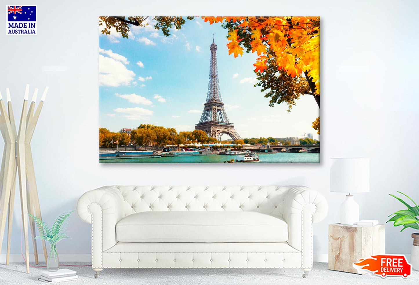 Boat Is in The Water Near the Eiffel Tower Wall Art Decor 100% Australian Made