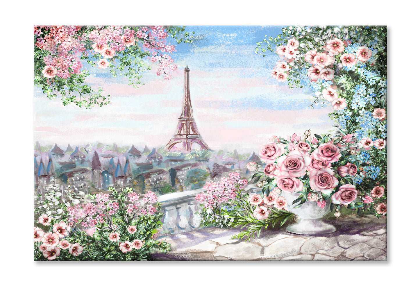 Eiffel Tower View from Roses with Leaves Balcony Painting Wall Art Limited Edition High Quality Print Stretched Canvas None