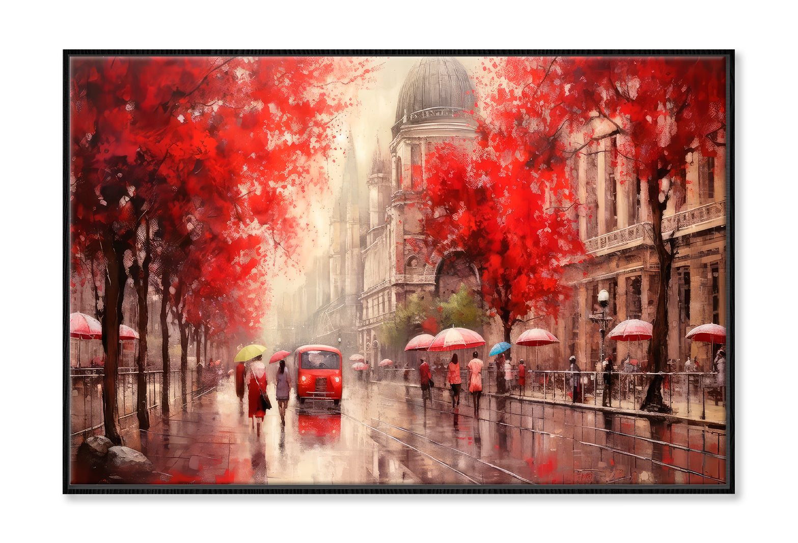 Street View Of Budapest, People Under A Red Umbrella & Tree, Night & Moon Oil Painting Wall Art Limited Edition High Quality Print Canvas Box Framed Black